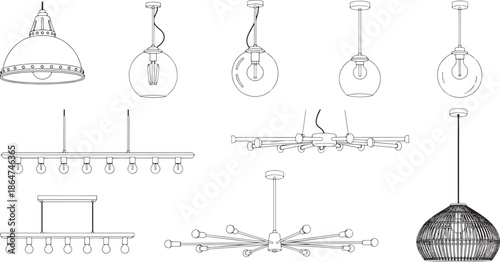 An array of elegant pendant lamps showcasing various design and functionality. This detailed graphic features different shapes, styles and lighting technologies.