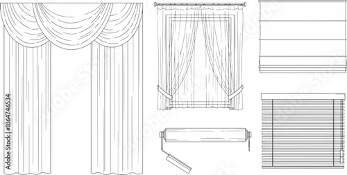 A detailed outline of various curtain styles, showcasing designs and fabric. 