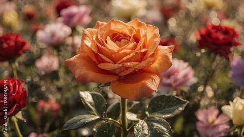 A close-up shot of a vibrant orange rose in full bloom, with water droplets on petals. Other blurred roses add depth