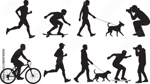 Silhouettes of individuals engaging in diverse outdoor activities, embodying an active and dynamic lifestyle, showcasing the essence of human recreation.