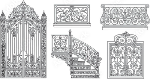 Intricate wrought iron elements, in a detailed graphic style, featuring ornate gates and architectural details, evoking a sense of timeless elegance and craftsmanship.