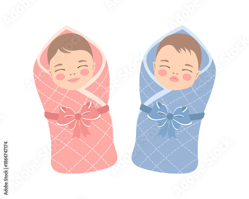 Cute baby girl and baby boy wrapped in a blanket. Adorable newborn twins in blue and pink blankets.