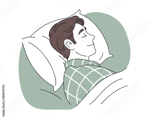 Man sleeping peacefully on a pillow. Line art illustration.
