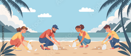 Volunteers collecting garbage on the beach. Volunteers cleaning up beach litter. Environment concept. Illustration.