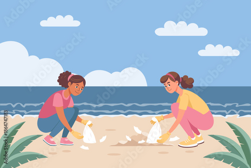 Women collecting garbage on the beach. Volunteers cleaning up beach litter. Environment concept. Illustration.