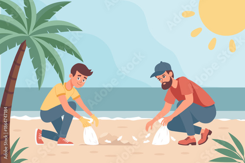 Father and son are cleaning the beach. Volunteers cleaning up beach litter. Environment concept. Illustration.