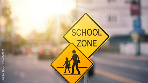 School zone signs on a city street with a blurred background