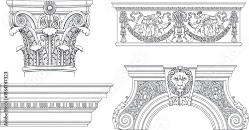Detailed architectural elements showcase intricate designs of classic columns and structures, creating a sense of history and artistic splendor.