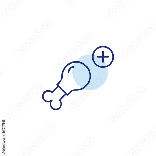 Chicken drumstick and plus symbol. Protein boost, menu and groceries expansion. Pixel perfect, editable stroke vector icon