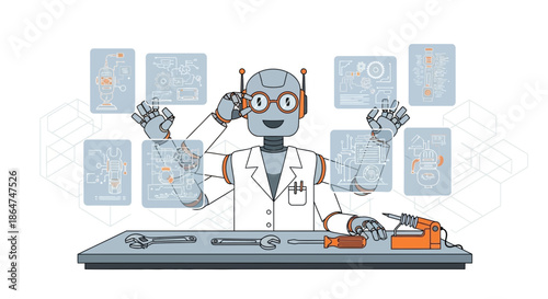 Robot scientist working with blueprints on futuristic screens, surrounded by tools.