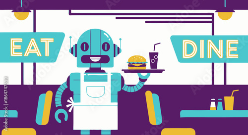 Robot waiter serving burger and drink in a retro diner, Eat and Dine signs