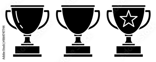 Trophy cup black line icon set. Trophy icons, cup, winner, victory, medal, award, first place, champion, hero, success, star, label, symbol, sign, emblem, logo, badge, web. Vector illustration.