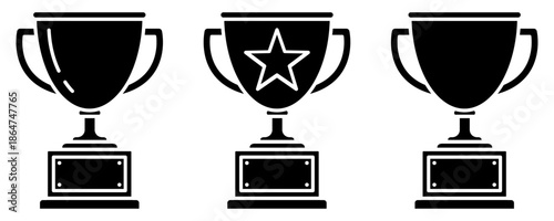 Trophy cup black line icon set. Trophy icons, cup, winner, victory, medal, award, first place, champion, hero, success, star, label, symbol, sign, emblem, logo, badge, web. Vector illustration.