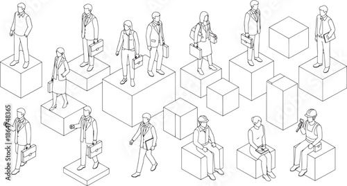 Illustrative representation of various individuals, each distinct, arranged across a series of cubical platforms, captured in a clean and organized manner, with focus on conceptual design.