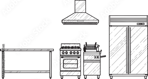 A meticulously drawn illustration of a professional kitchen space, showcasing essential equipment. 