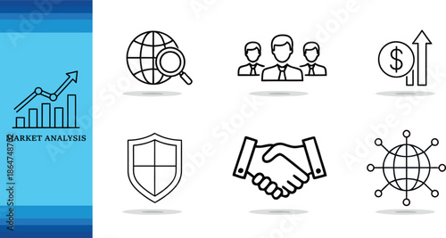 Business icons representing market analysis global reach teamwork and security