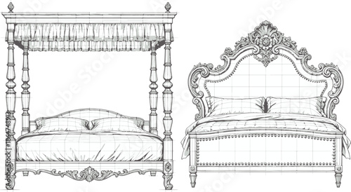 An intricate illustration showcasing two elegantly designed beds, one a canopy bed and the other with an ornately carved headboard, offering a glimpse into the art of furniture design.