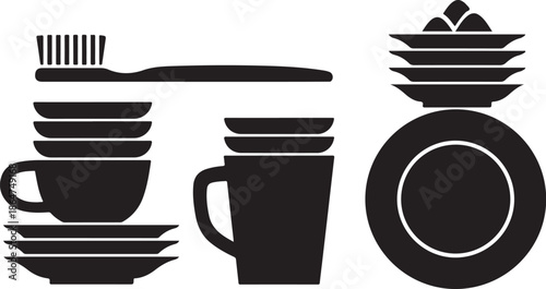 Black and white kitchen utensils and dishes icon set