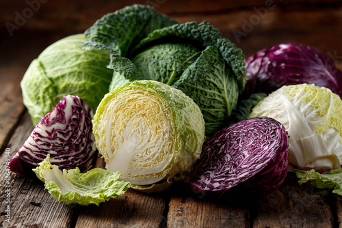 Whole and cut cabbages are placed on a wooden table in bright light, showcasing their colors