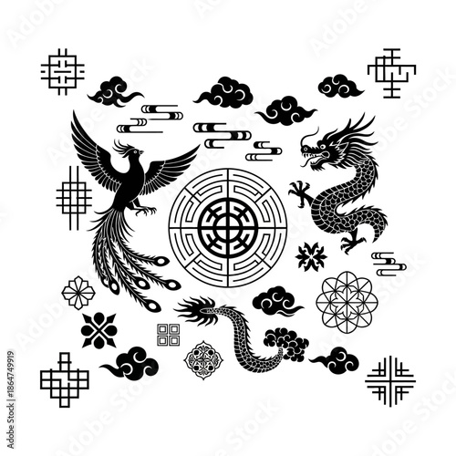 Traditional Chinese Symbols and Mythical Creatures.