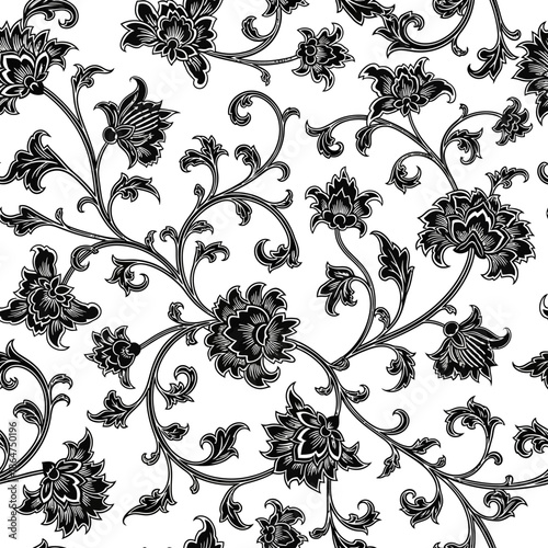 Black Floral Pattern on White Background.
