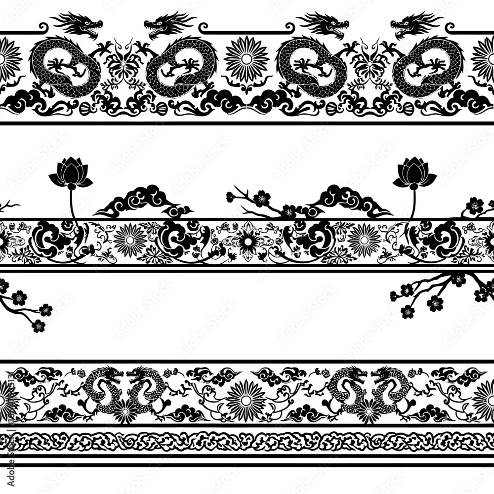 Fototapeta premium Ornate Black and White Floral Borders.