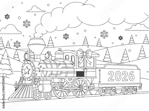 New Year Train Vector Illustration Coloring Book Page - Steam Locomotive with Snowflakes and 2026 Celebration