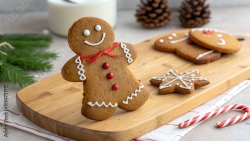Cute gingerbread man cookie icing sitting on baking board. sweet festive Christmas symbolizing