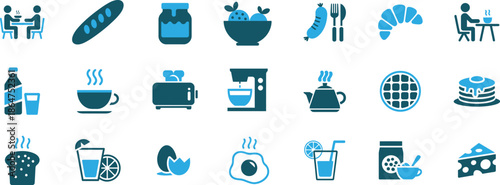 A comprehensive collection of breakfast and meal time icons depicting various food and drink items