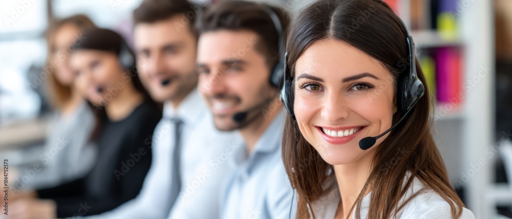 Fototapeta premium Smiling customer support team with headsets in modern office