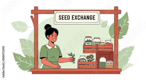 Woman at Seed Exchange Stand with Jars and Plants, Community Gardening Concept