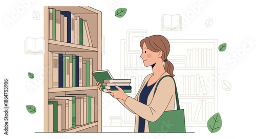 Woman choosing books from a shelf in a library or bookstore, surrounded by leaves.