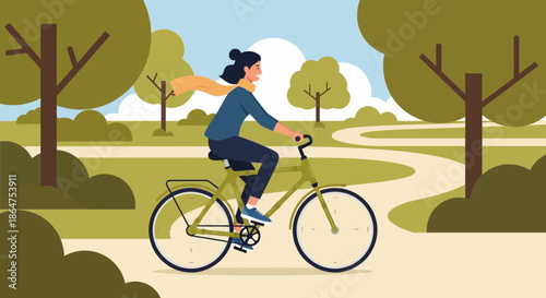Woman Cycling Through a Scenic Park Path