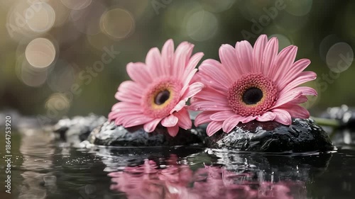 Two pink flowers, resting on wet black stones within water. The background is bokeh, adding softness. The water reflects the flowers