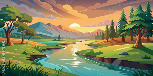 Picturesque Sunset River Landscape with Mountains and Evergreen Forest