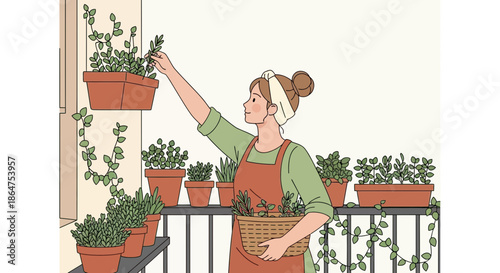 Woman Gardening on Balcony with Potted Plants and Basket of Herbs