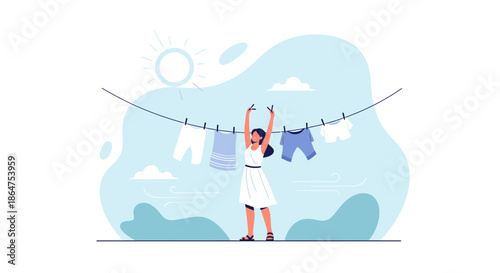 Woman Hanging Laundry on Clothesline Under Sunny Sky