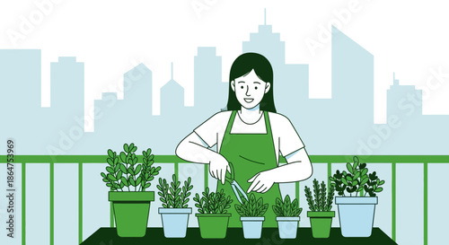 Woman gardening on balcony with city skyline background, urban farming concept