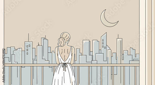 Woman in white dress on balcony overlooking city skyline at night with crescent moon