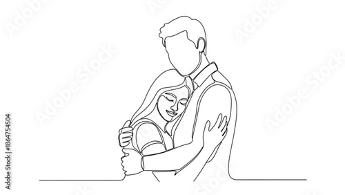A minimalist line art illustration of a man embracing a woman in a tender moment