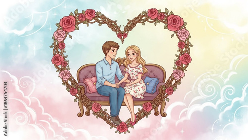 A romantic couple sitting on a couch surrounded by a heart-shaped floral wreath in a whimsical sky