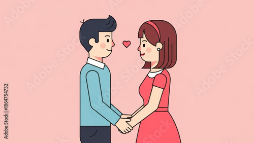 A cartoon illustration of a smiling couple holding hands with a heart above them