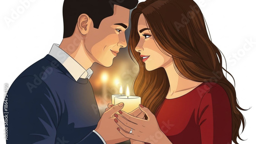 A romantic couple sharing a tender moment with a lit candle together at night