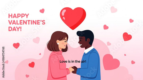 A cartoon illustration of a loving couple celebrating Valentine's Day with hearts and text