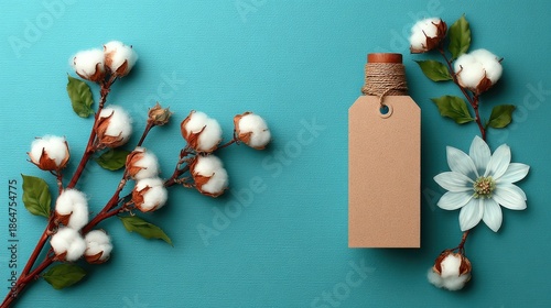 Natural fiber elements frame an empty craft paper tag against a vibrant blue background