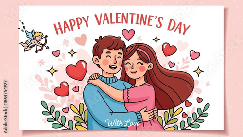 A cartoon illustration of a loving couple celebrating Valentine's Day with hearts and flowers