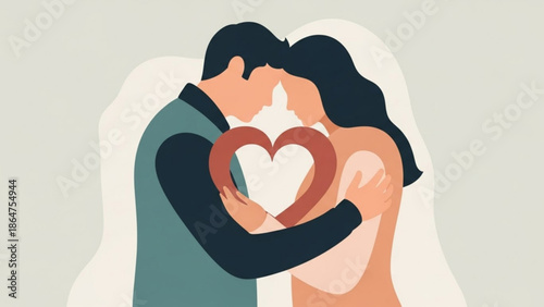 A loving couple embracing and holding a heart in a romantic gesture of affection