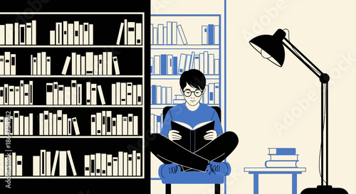 Student reading a book in a library with bookshelves, desk lamp and table