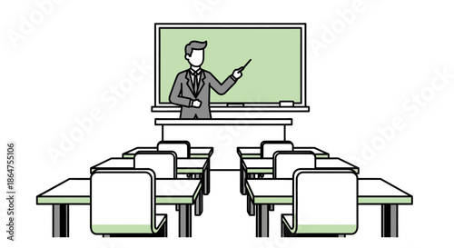 Teacher Instructing in Empty Classroom with Desks and Whiteboard