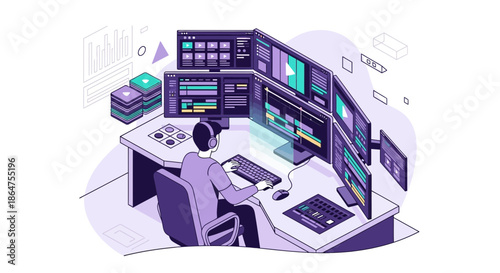 Video Editor Working on Multi-Monitor Workstation with Editing Software Interface